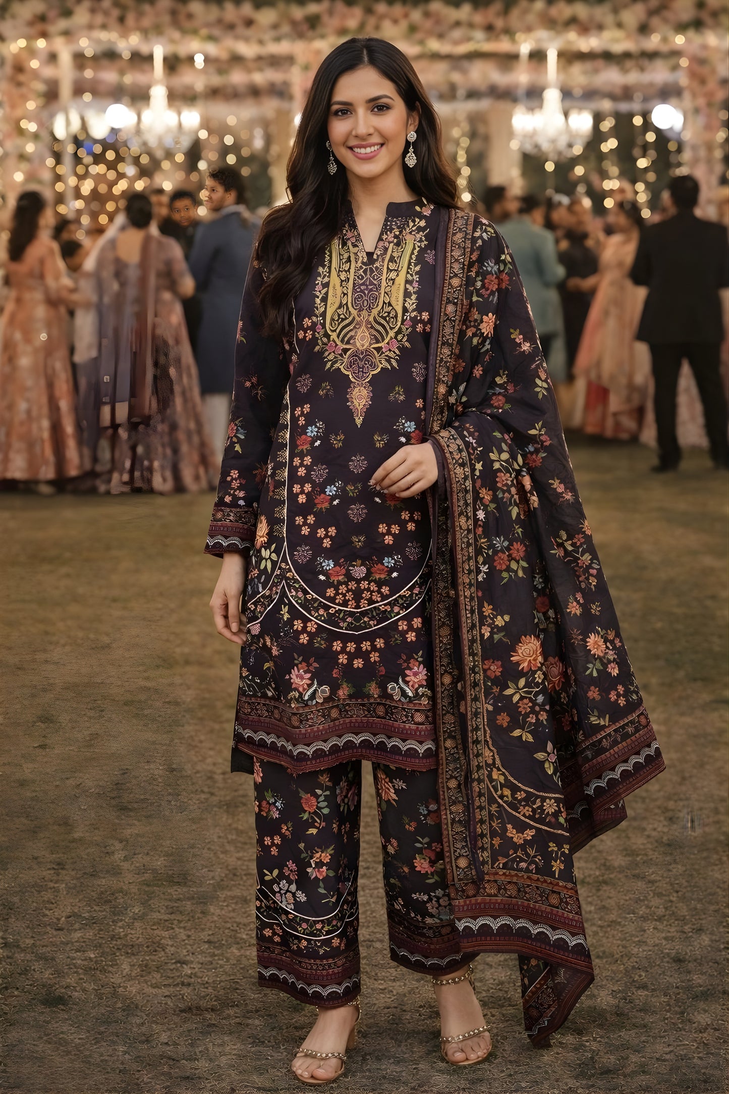 Stunning Black Floral Printed Premium Rayon Palazzo Suit with Dupatta for Wedding