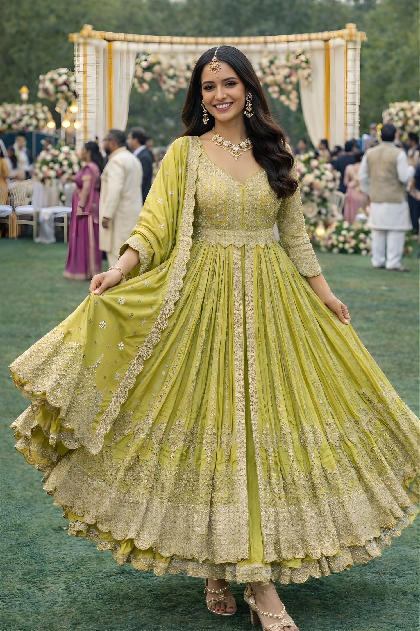 Stylish Lime Green Chinon Embroidered Party Wear Anarkali Suit with Dupatta