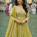 Stylish Lime Green Chinon Embroidered Party Wear Anarkali Suit with Dupatta