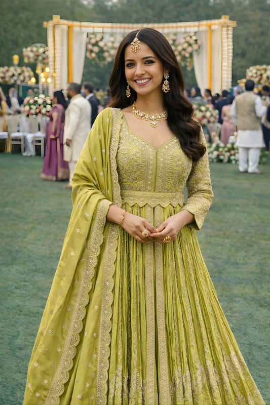 Stylish Lime Green Chinon Embroidered Party Wear Anarkali Suit with Dupatta