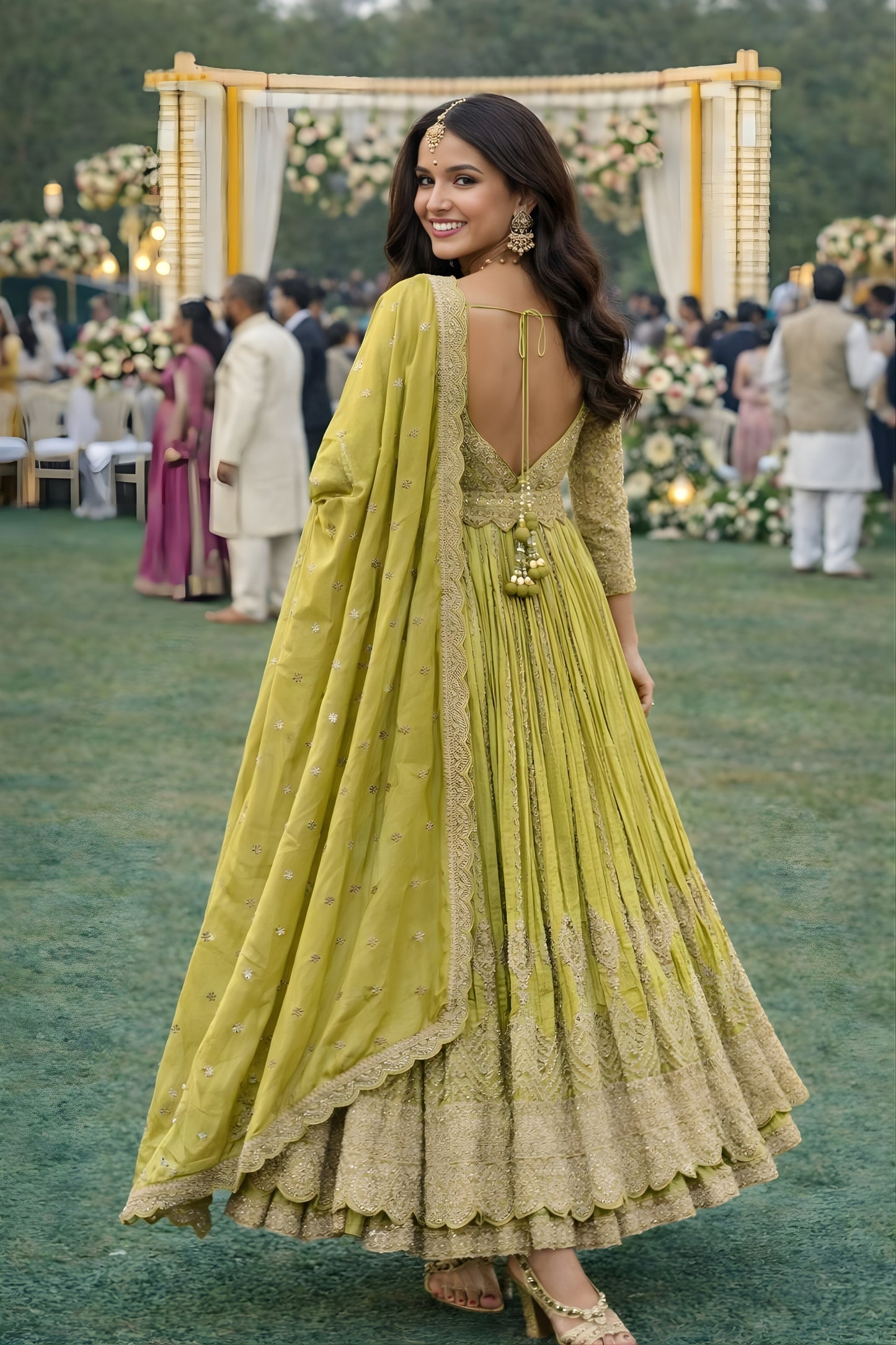 Stylish Lime Green Chinon Embroidered Party Wear Anarkali Suit with Dupatta