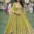 Stylish Lime Green Chinon Embroidered Party Wear Anarkali Suit with Dupatta