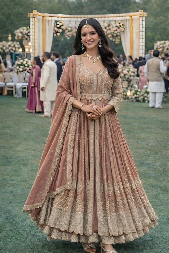 Stunning Mauve Chinon Silk Heavy Embroidered Anarkali Salwar Suit with Dupatta for Wedding