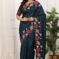 Dark Teal Silk Saree Floral Embroidery Border Designer Blouse
