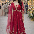 Lovely Red Georgette Embroidered Party Wear Gown with Dupatta for Women
