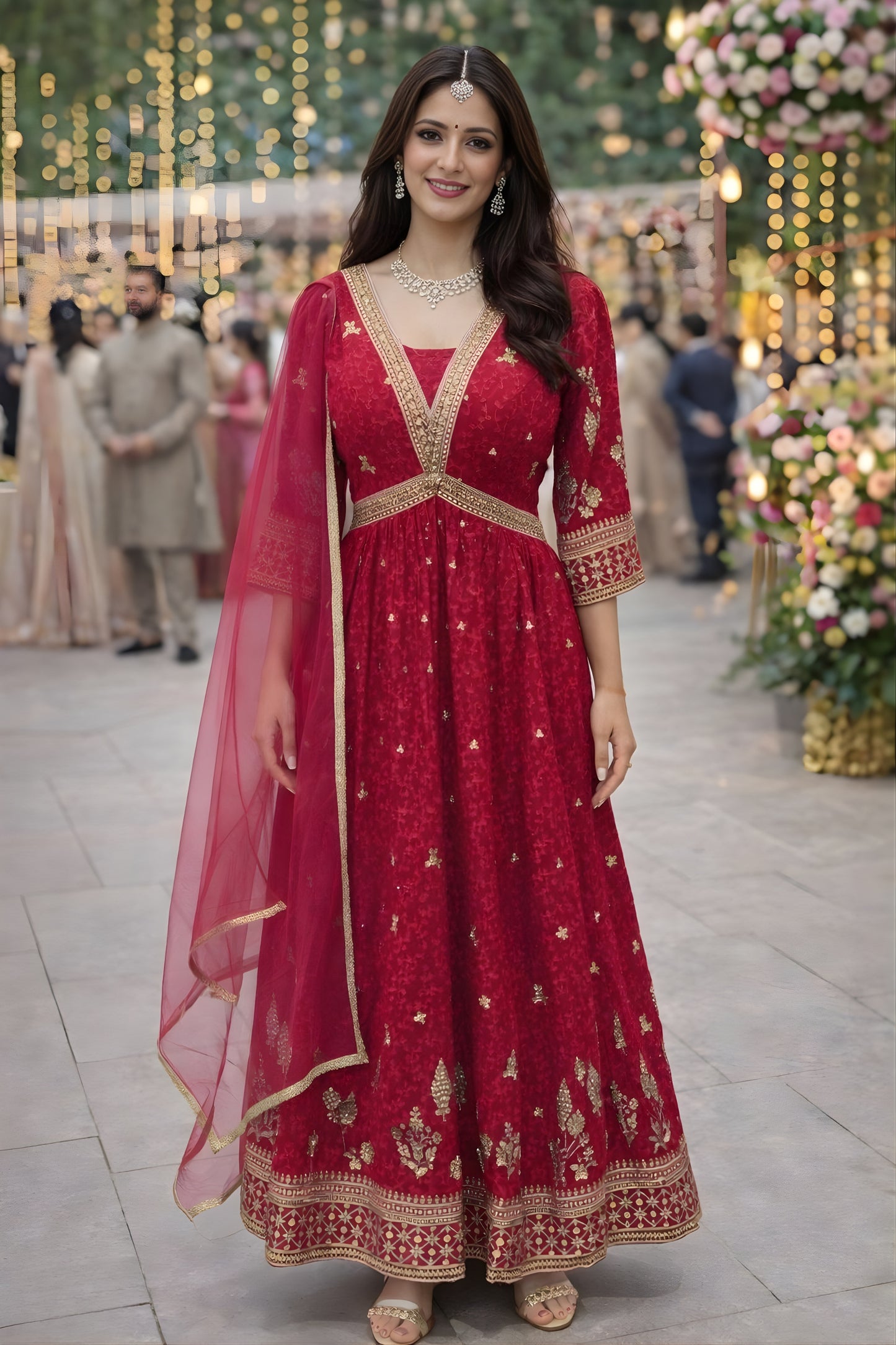 Lovely Red Georgette Embroidered Party Wear Gown with Dupatta for Women