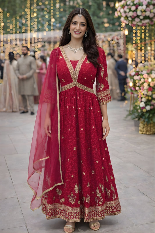 Lovely Red Georgette Embroidered Party Wear Gown with Dupatta for Women
