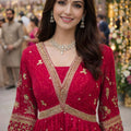 Lovely Red Georgette Embroidered Party Wear Gown with Dupatta for Women