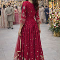 Lovely Red Georgette Embroidered Party Wear Gown with Dupatta for Women