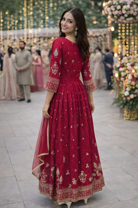 Lovely Red Georgette Embroidered Party Wear Gown with Dupatta for Women