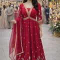 Lovely Red Georgette Embroidered Party Wear Gown with Dupatta for Women