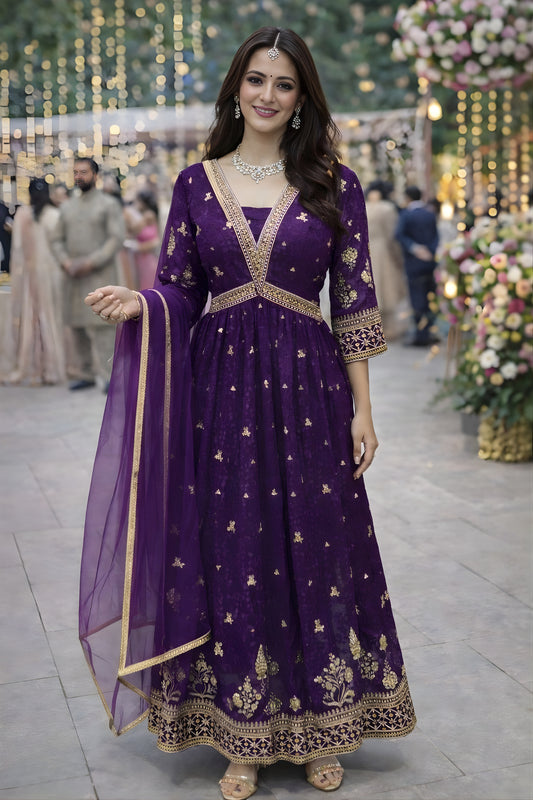 Trendy Purple Georgette Embroidered Party Wear Gown with Dupatta for Women