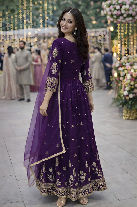 Trendy Purple Georgette Embroidered Party Wear Gown with Dupatta for Women