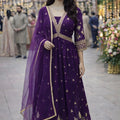 Trendy Purple Georgette Embroidered Party Wear Gown with Dupatta for Women