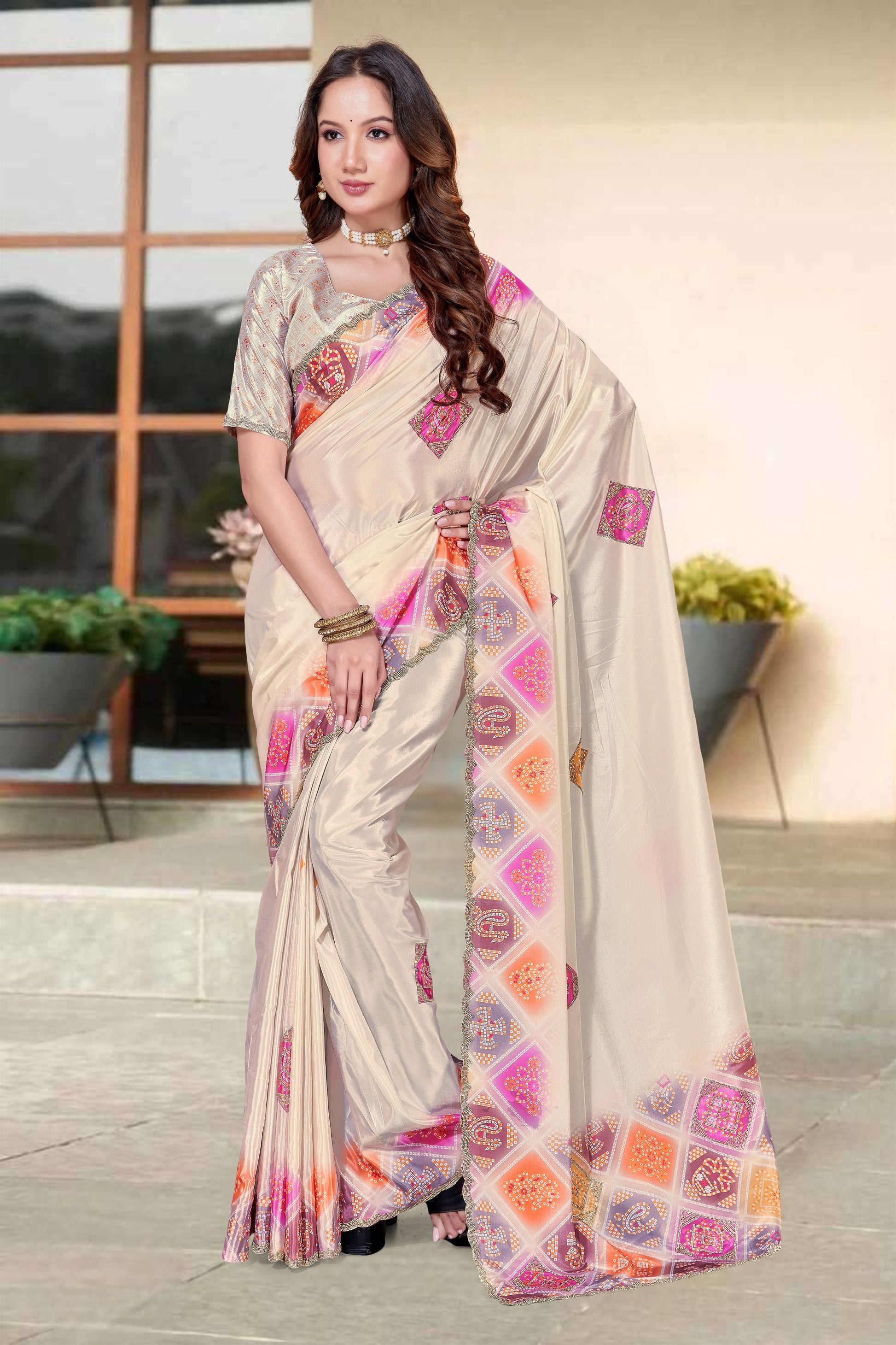 Elegant Cream H O Silk Digital Print Heavy Hand Work Saree Border for Women