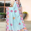 Royal Sky Blue H O Silk Digital Print Heavy Hand Work Saree Border for Women