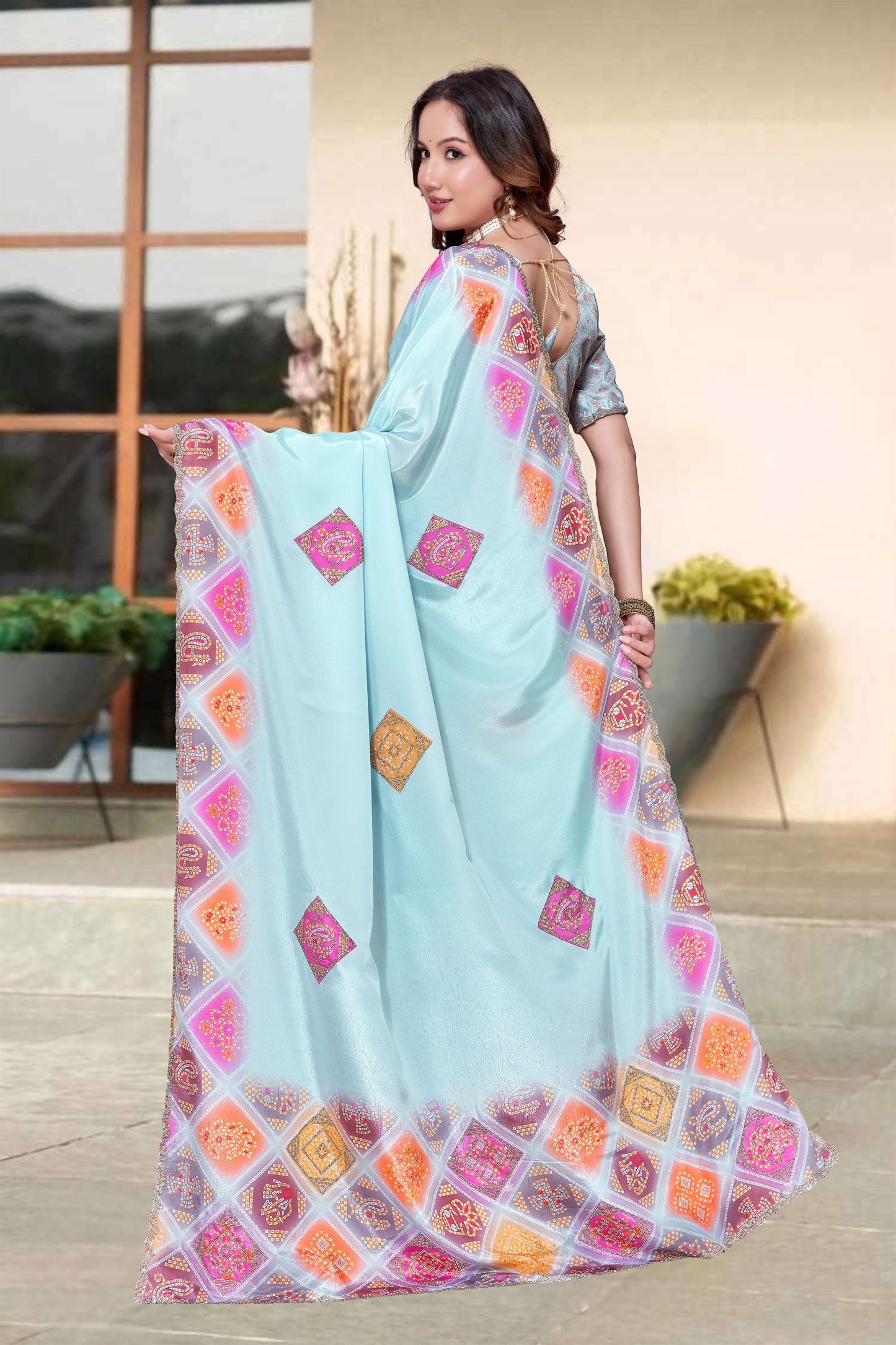 Royal Sky Blue H O Silk Digital Print Heavy Hand Work Saree Border for Women
