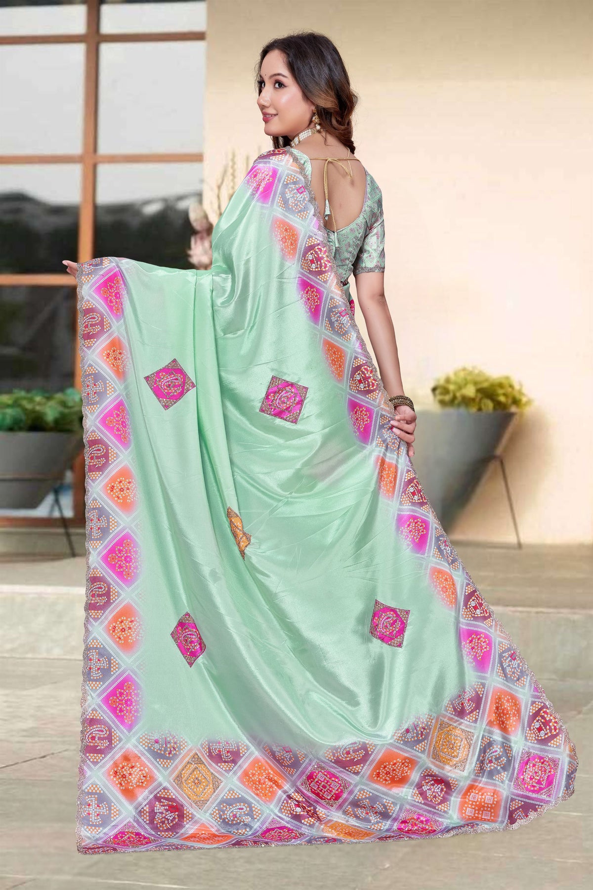 Graceful Mint Green H O Silk Digital Print Hand Work Saree Border for Women