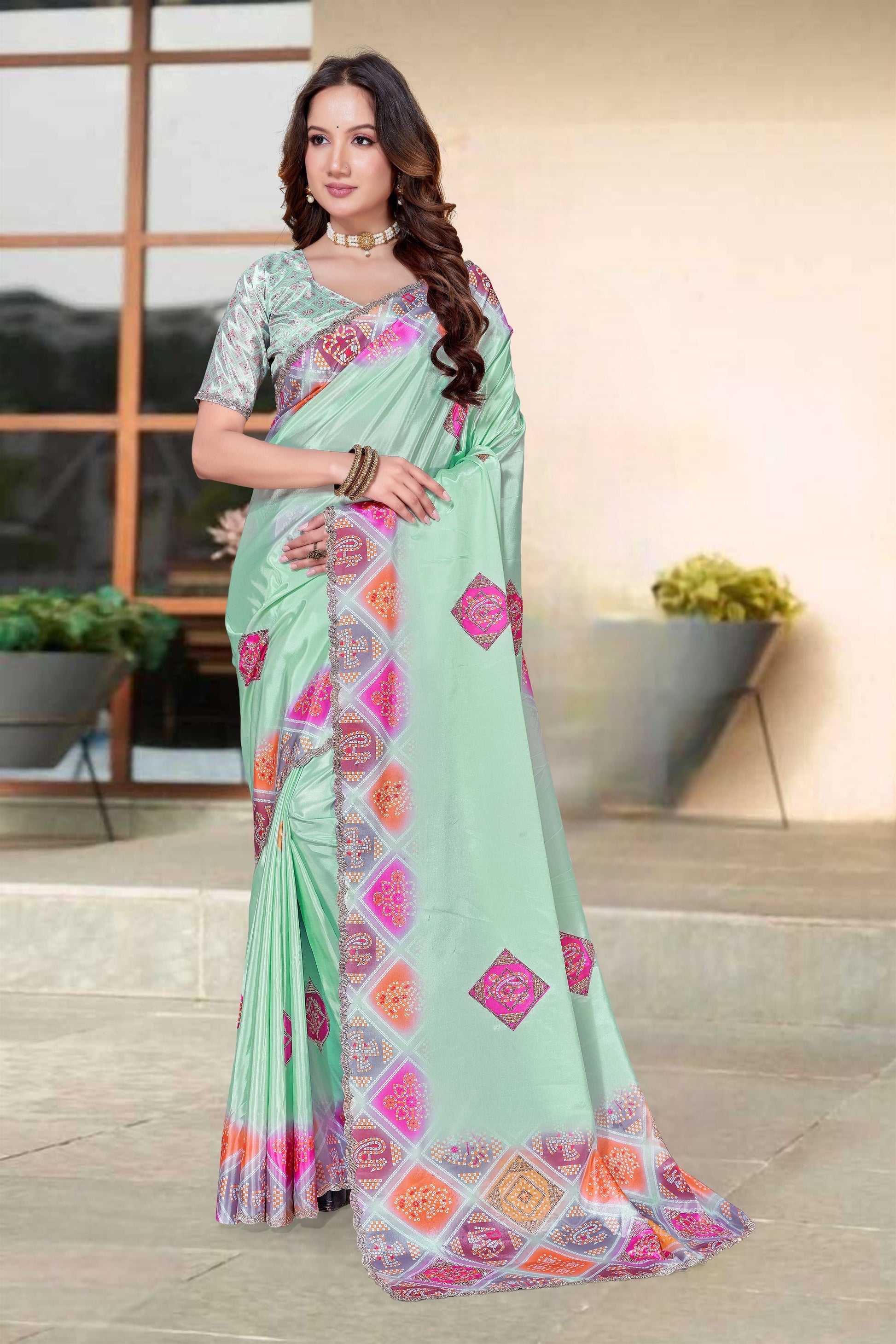 Graceful Mint Green H O Silk Digital Print Hand Work Saree Border for Women