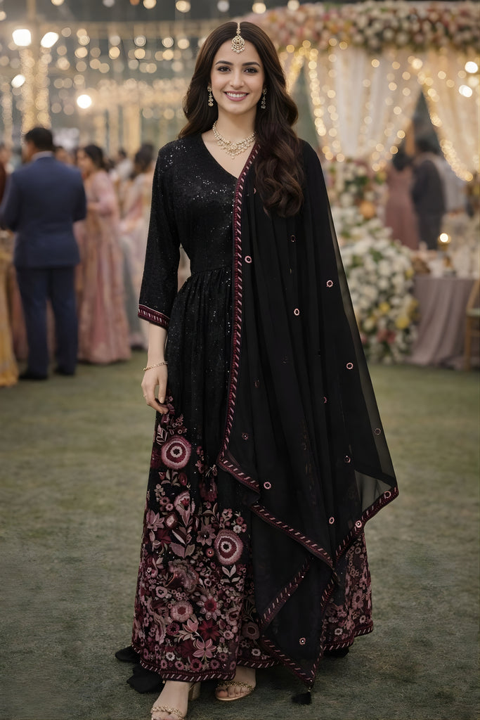 Amazing Black Georgette Embroidered Readymade Anarkali Suit with Dupatta for Women