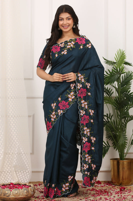 Dark Teal Silk Saree Floral Embroidery Border Designer Blouse