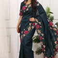 Dark Teal Silk Saree Floral Embroidery Border Designer Blouse