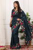 Dark Teal Silk Saree Floral Embroidery Border Designer Blouse