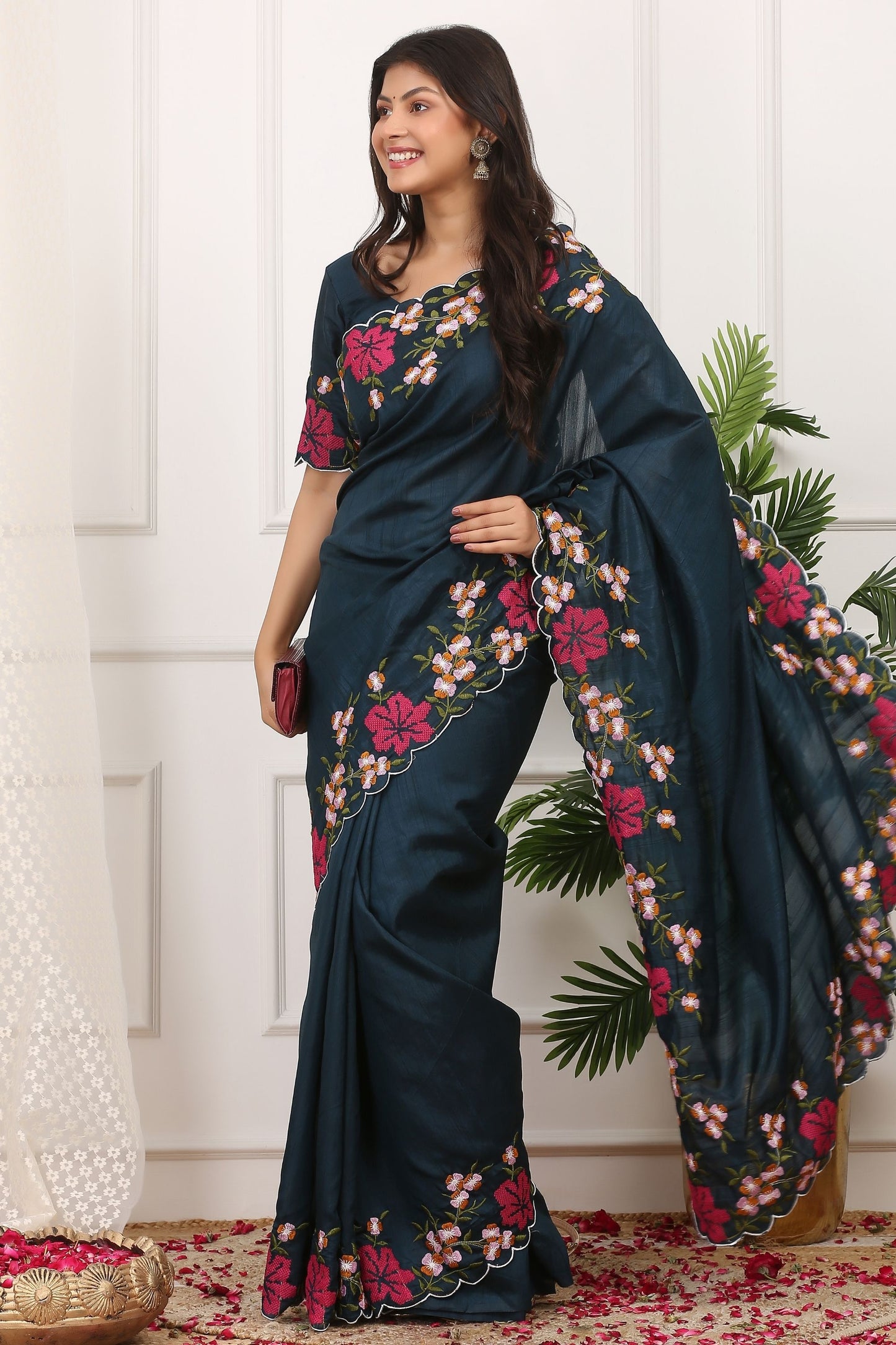 Dark Teal Silk Saree Floral Embroidery Border Designer Blouse