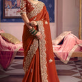  Rust Orange Georgette Saree Heavy Zari Embroidery Designer Blouse 