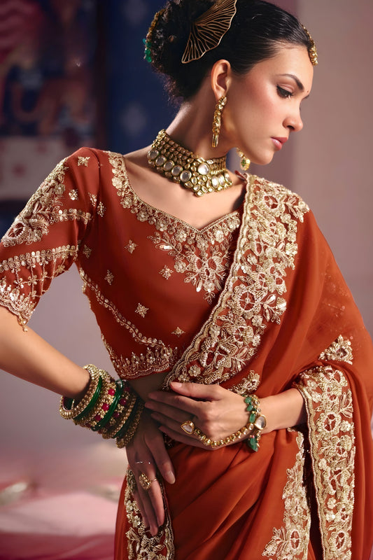 Rust Orange Georgette Saree Heavy Zari Embroidery Designer Blouse