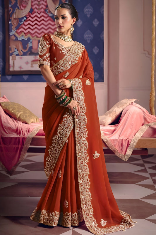  Rust Orange Georgette Saree Heavy Zari Embroidery Designer Blouse 