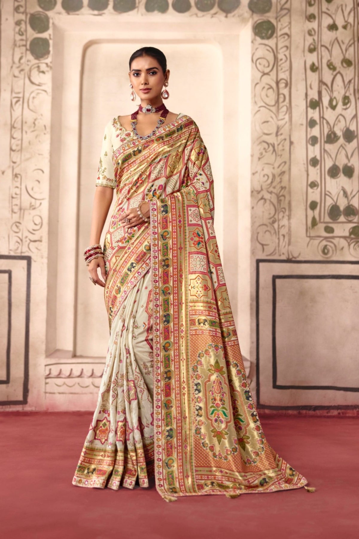 Elegant Cream Dola Zari Silk Saree with Heavy Embroidery Thread Work for Women