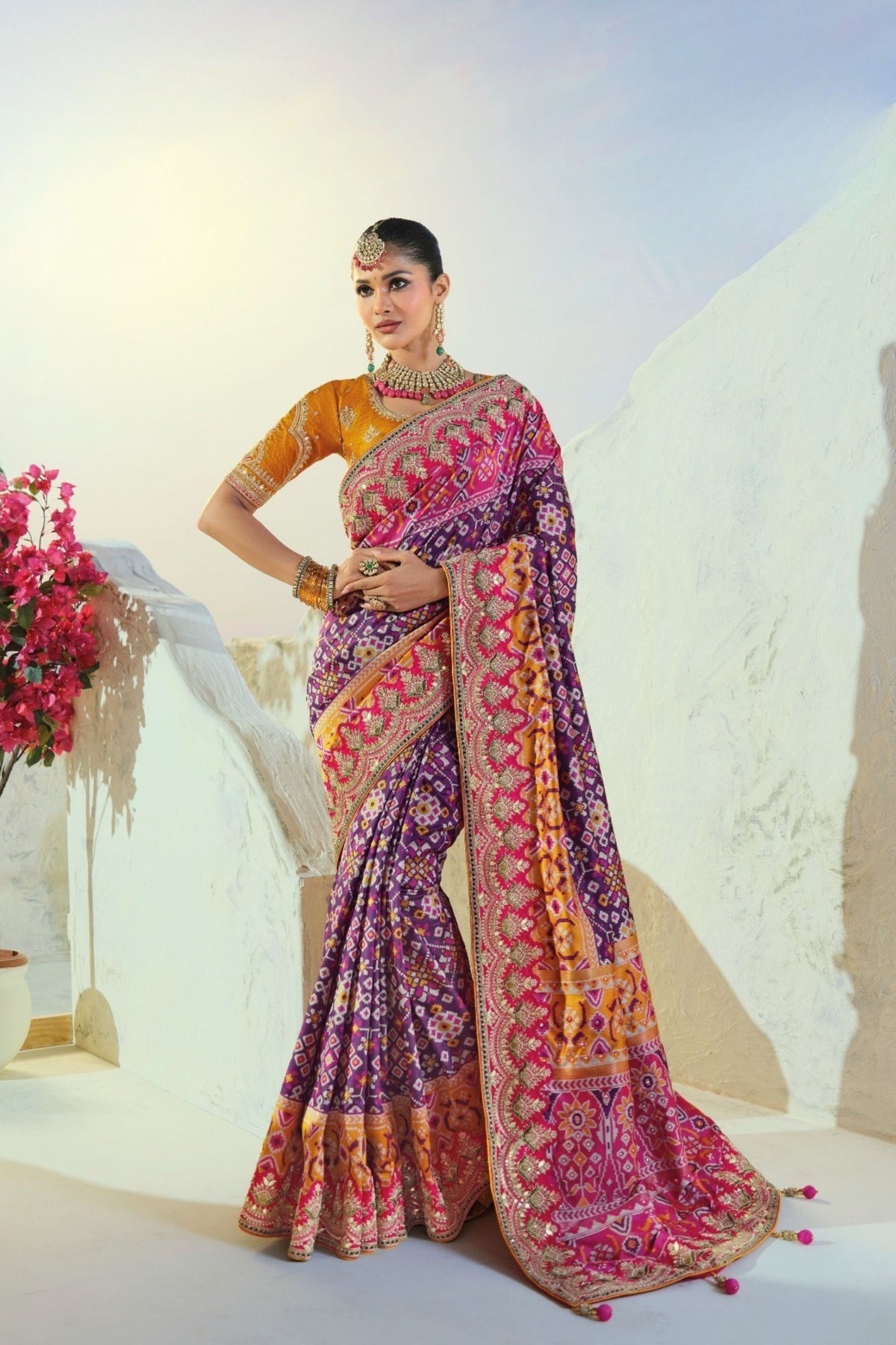 Exquisite Purple Pure Patola Silk Saree Mirror Moti Cut-Dana Work for Women