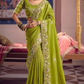  Lime Green Georgette Saree Heavy Zari Embroidery Designer Blouse 