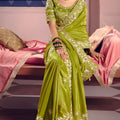 Lime Green Georgette Saree Heavy Zari Embroidery Designer Blouse
