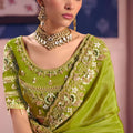 Lime Green Georgette Saree Heavy Zari Embroidery Designer Blouse