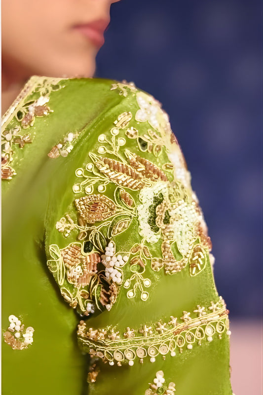 Lime Green Georgette Saree Heavy Zari Embroidery Designer Blouse