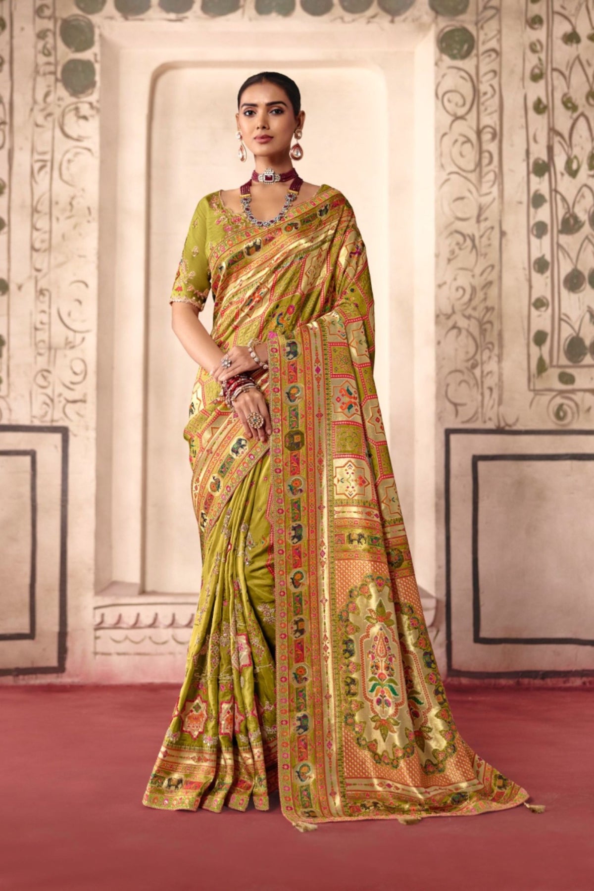 Graceful Olive Green Dola Zari Silk Saree with Heavy Embroidery Thread Work for Women