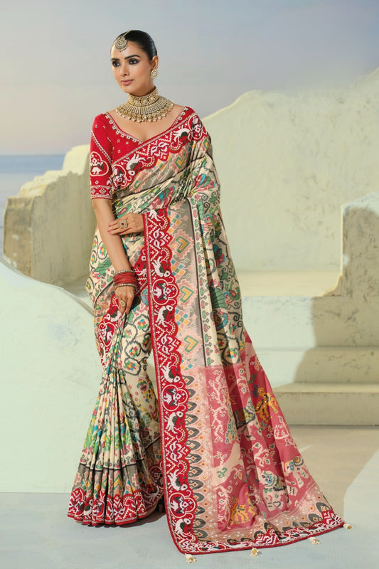 
Elegant Cream Pure Patola Silk Saree Mirror Moti Cut-Dana Work for Women
