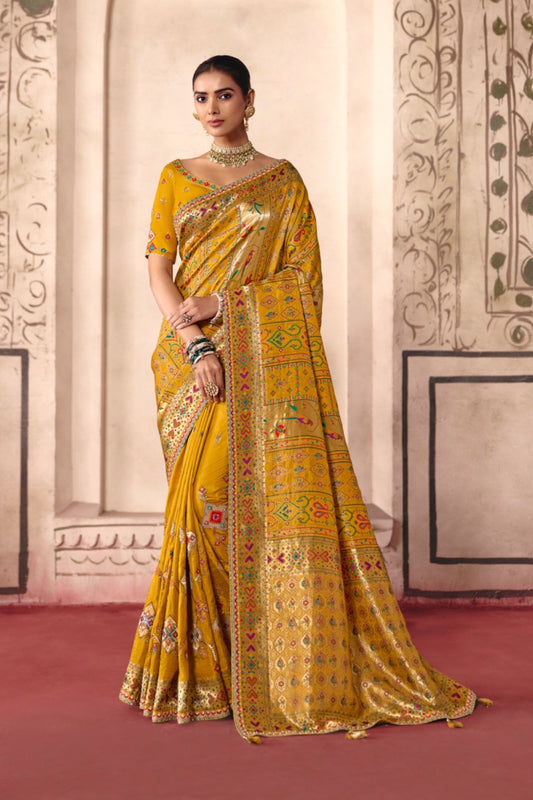 Premium Mustard Yellow Dola Zari Silk Saree with Heavy Embroidery Thread Work for Women