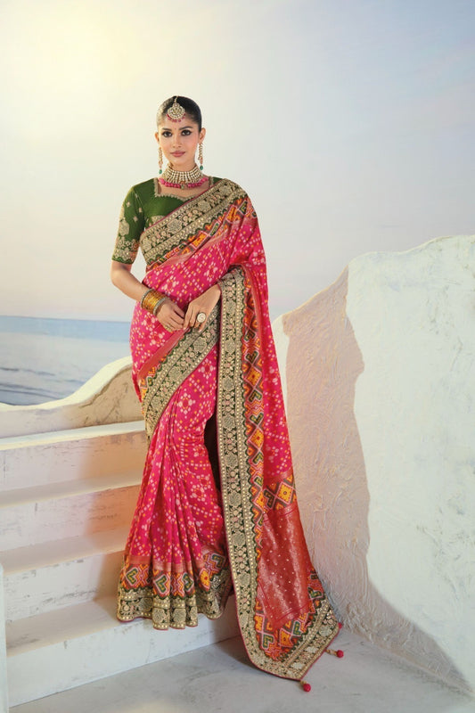 Radiant Rani Pink Pure Patola Silk Saree Mirror Moti Cut-Dana Work for Women