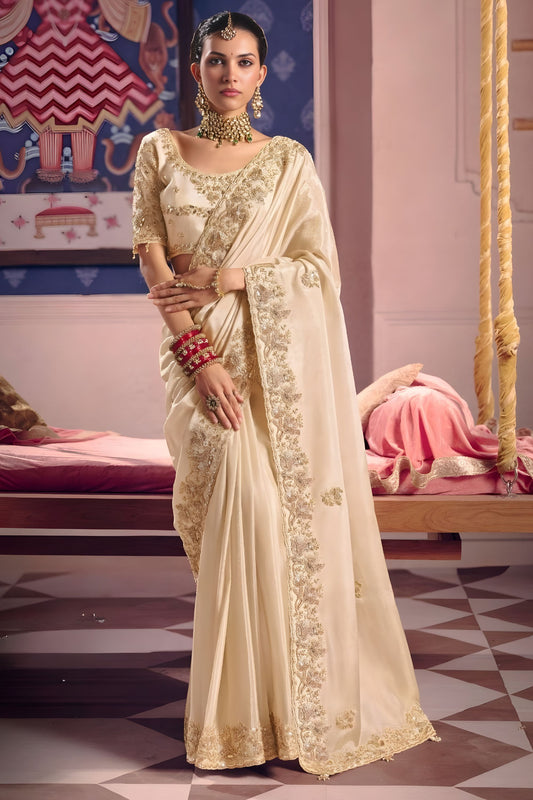 Cream Georgette Saree with Heavy Zari Embroidery Designer Blouse