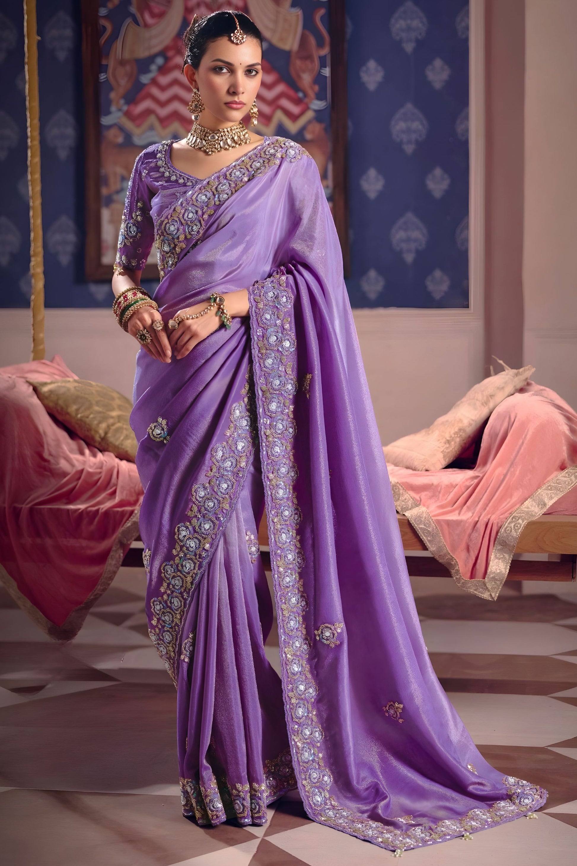 Lavender Purple Georgette Saree Heavy Zari Embroidery Designer Blouse