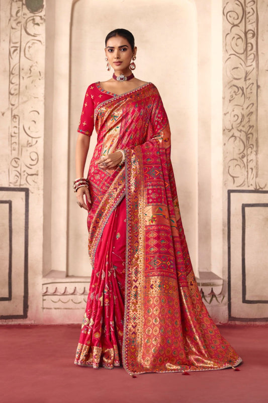 Beautiful Rani Pink Dola Zari Silk Saree with Heavy Embroidery Thread Work for Women