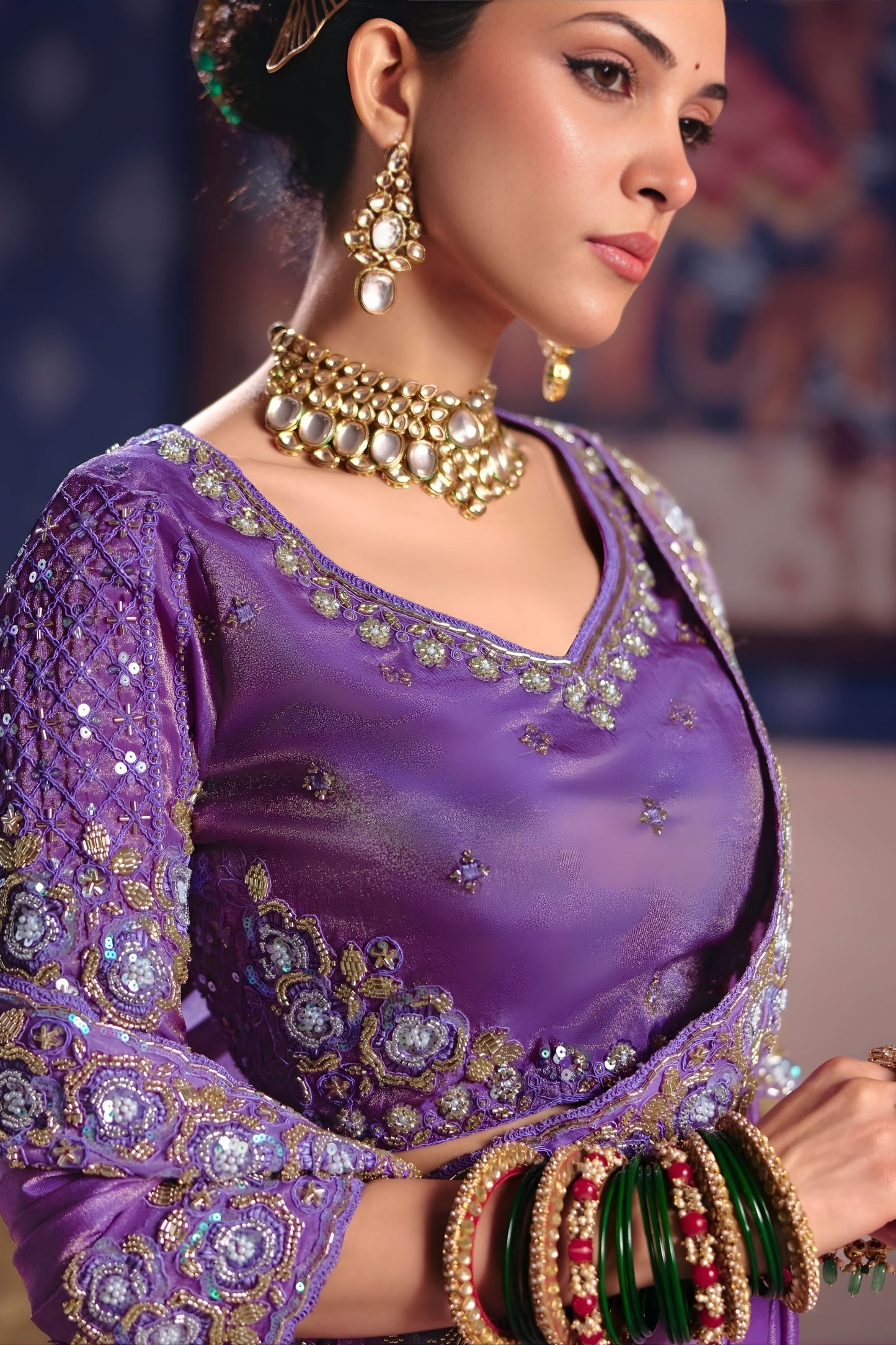 Lavender Purple Georgette Saree Heavy Zari Embroidery Designer Blouse