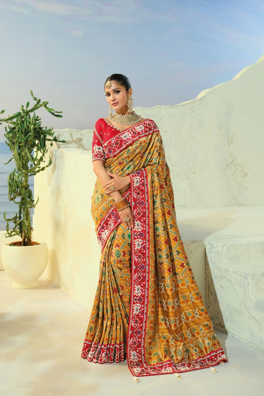 Vibrant Mustard Yellow Pure Patola Silk Saree Mirror Moti & Cut-Dana Work for Women