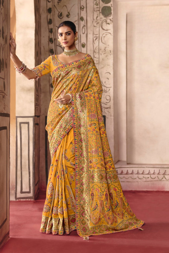 Stylish Yellow Dola Zari Silk Saree with Heavy Embroidery Thread Work for Women