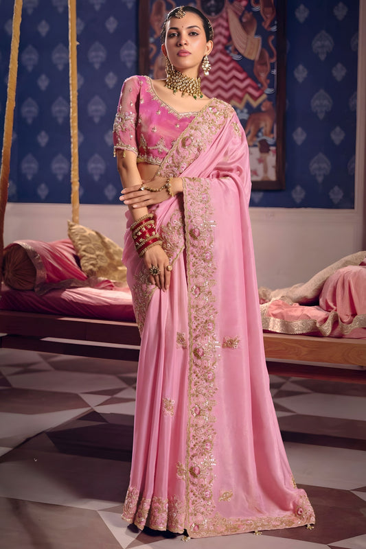  Pink Georgette Saree with Heavy Zari Embroidery Designer Blouse 