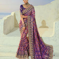 Royal Purple Pure Patola Silk Saree Mirror Moti & Cut-Dana Work for Women