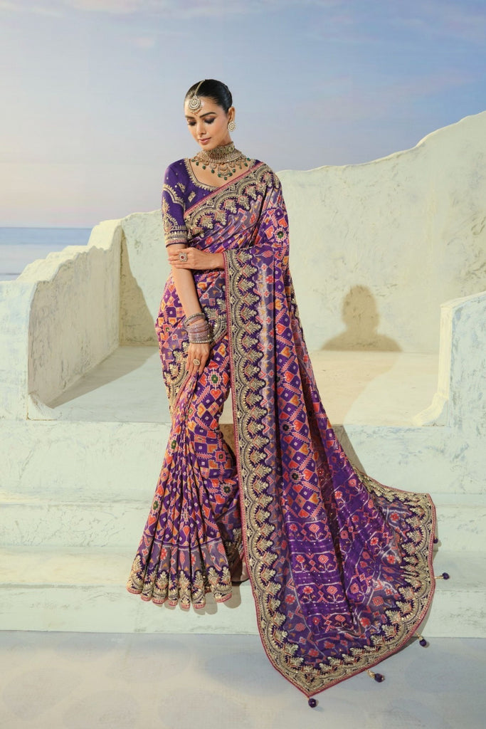 Royal Purple Pure Patola Silk Saree Mirror Moti & Cut-Dana Work for Women